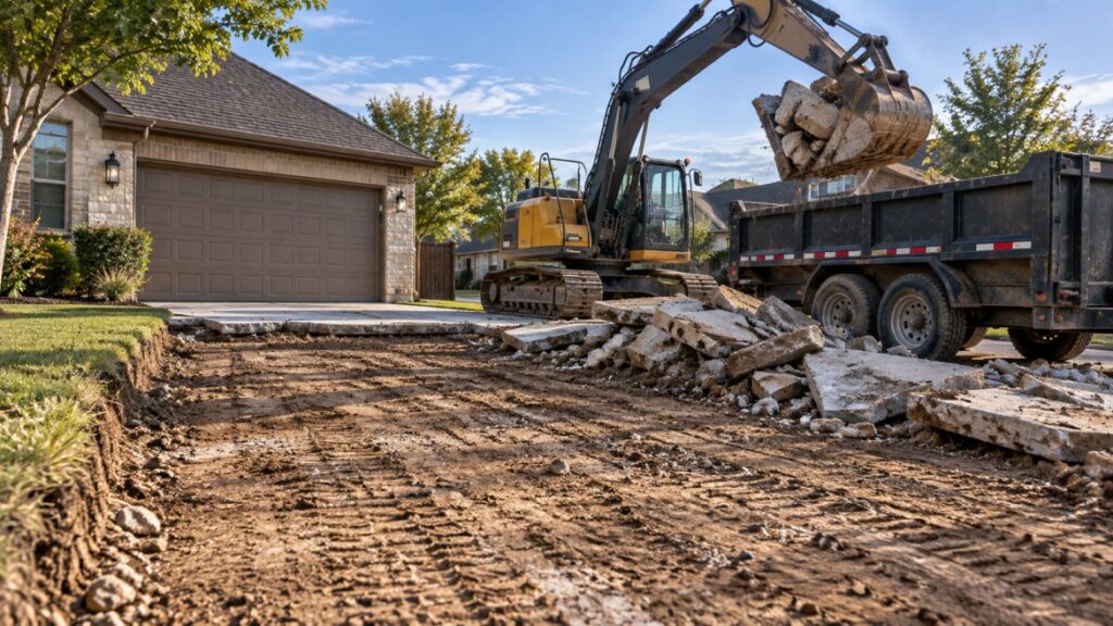 Old concrete driveway being demolished and hauled off before replacement