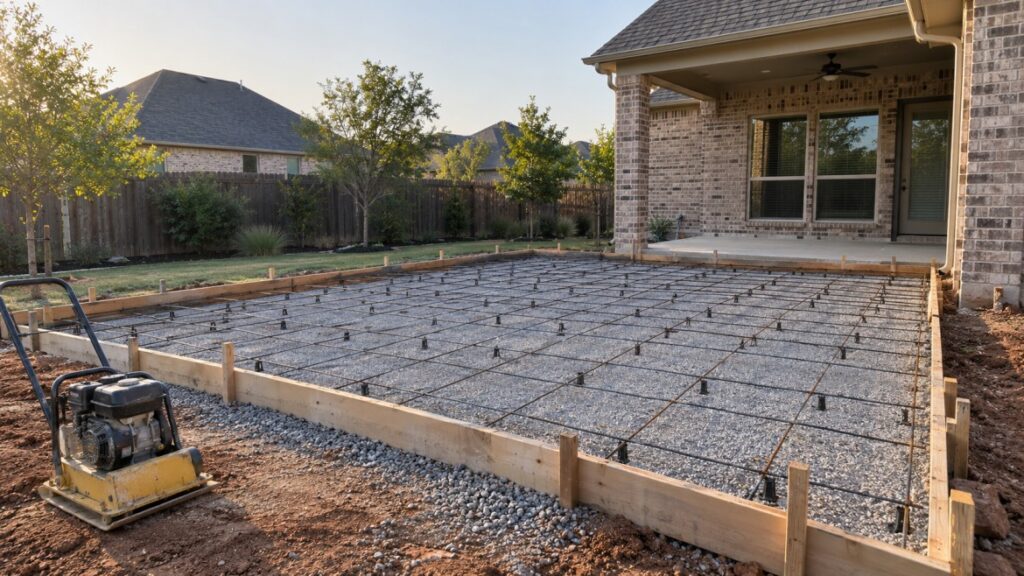 Compacted base and steel reinforcement prepared before a concrete pour in the Oklahoma City metro