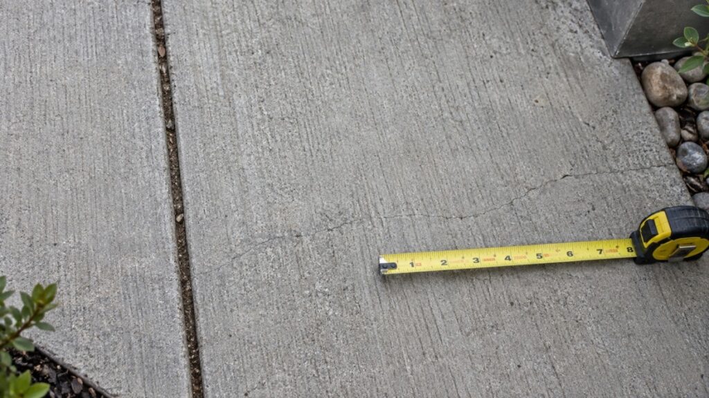 Hairline shrinkage crack next to a sawcut control joint in a concrete surface