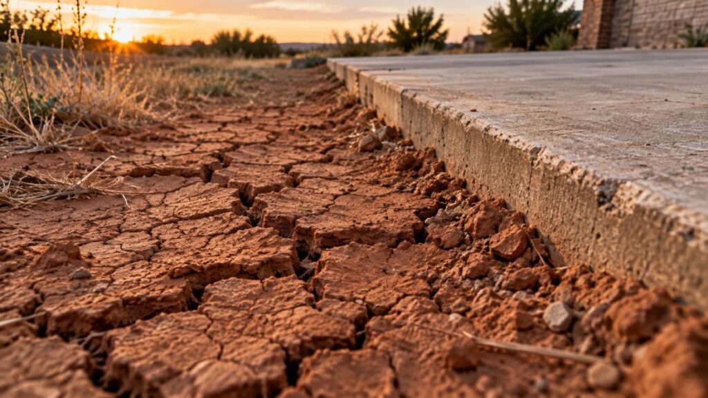 Dry expansive clay soil with shrinkage fissures next to a concrete slab edge