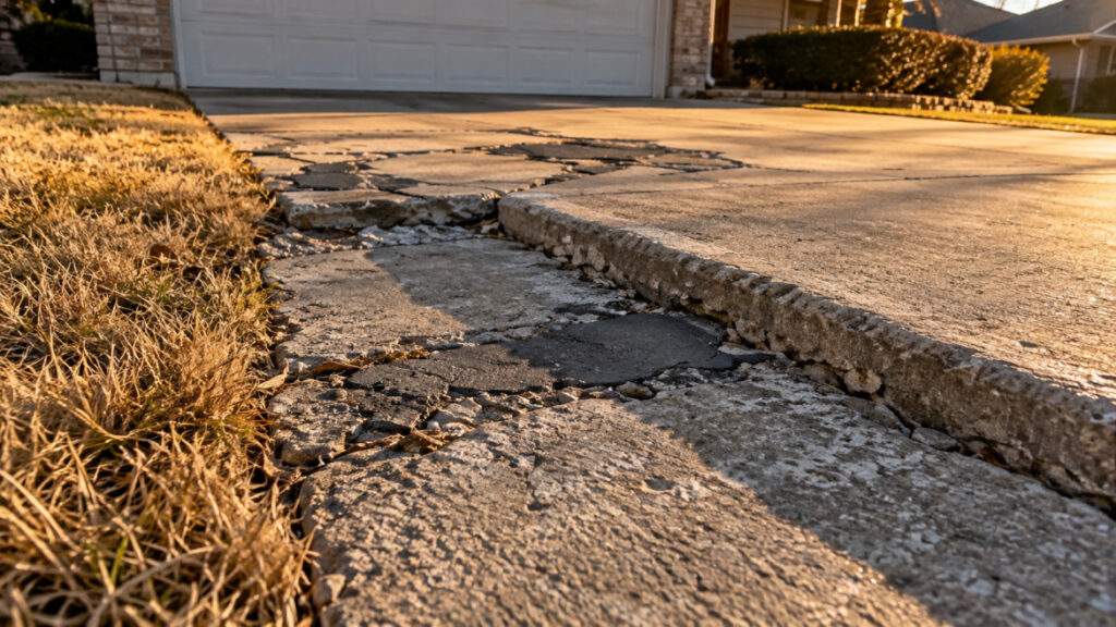 Sunken driveway panel with offset edge and failed patch repairs indicating base failure