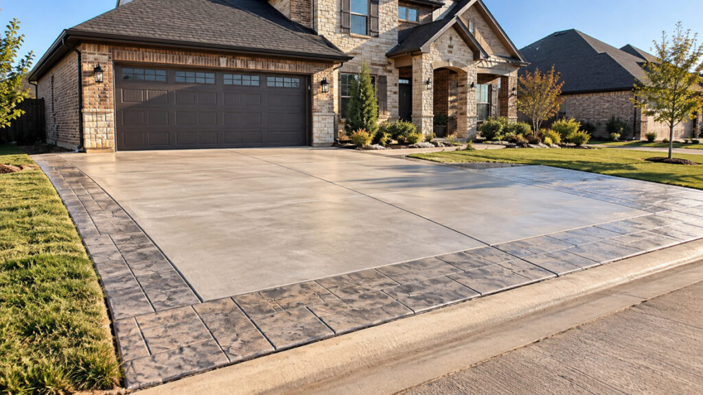 Replaced and widened concrete driveway with stamped decorative border at an Oklahoma City metro home